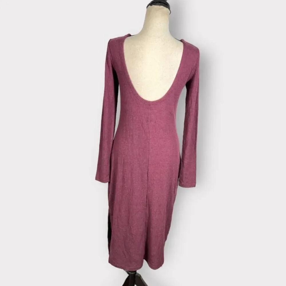Chaser Purple Ribbed Long Sleeve Scoop Back Midi Dress Women's Size Small NWT